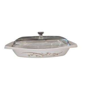 Vintage Pyrex Golden Honeysuckle 1 1/2 Qt Casserole Dish Lid White Bakeware